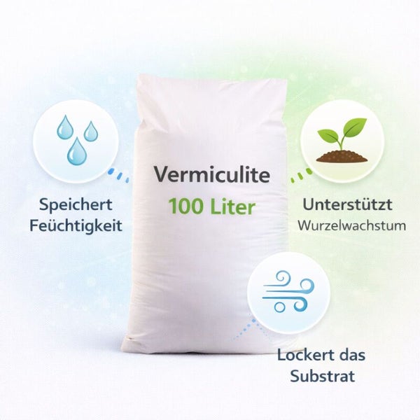 Vermiculite 100 Liter, speichert Feuchtigkeit, unterstützt Wurzelwachstum, lockert das Substrat.