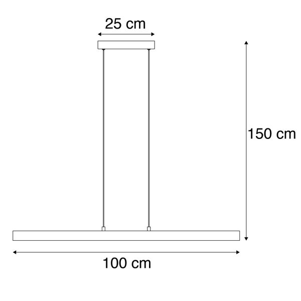 Skizze einer Hängeleuchte mit den Maßen 25 cm, 100 cm und 150 cm