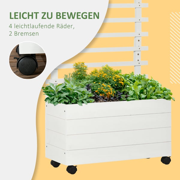 Gartenszene mit Pflanzkasten mit Rankgitter, bewachsen mit Pflanzen, und Gartenstuhl
