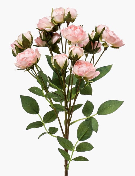Künstlicher Rosenzweig mit rosa Blüten und grünen Blättern.