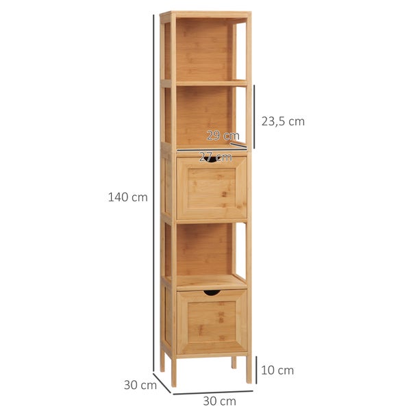 kleankin Badezimmerschrank Badschrank Aufbewahrungsschrank mit Kippschutz aus Bambus, Unterschrank mit 2 Schubladen, Lanfhausstil Beistellschrank, Naturholz, 30 x 30 x 140 cm