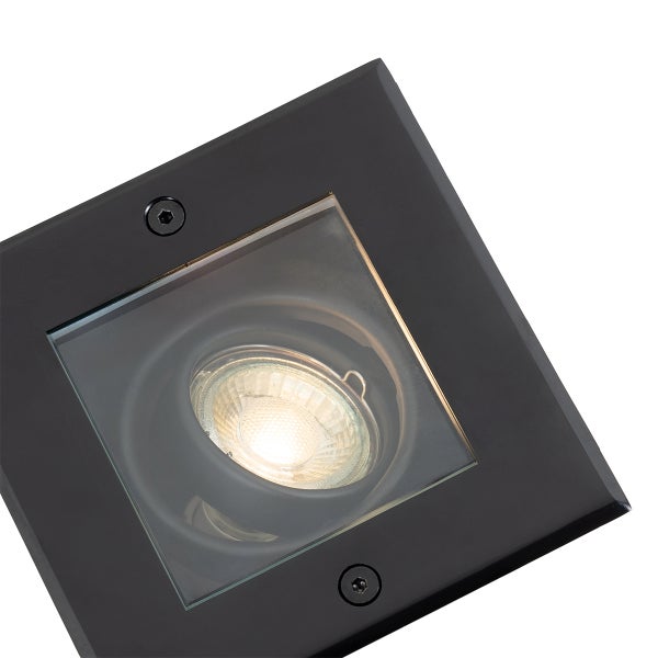 Quadratische, schwarze Bodeneinbauleuchte mit Glasabdeckung und integriertem Leuchtmittel.