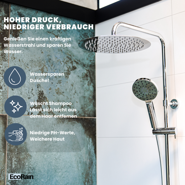 EcoRain 30% Wassersparender Regenduschkopf Tyler 20 CM Rund mit Wand-Duscharm - Hoher Wasserdruck - Universeller Anschluss - Anti-Kalk Duschkopf - Chrom