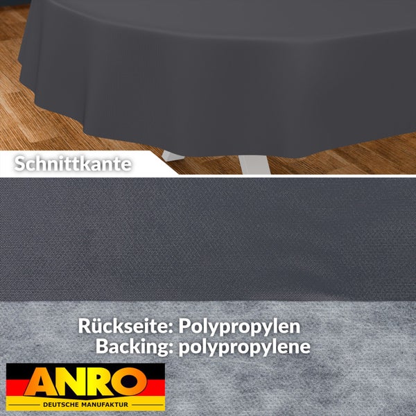 Rund geschnittene dunkelgraue Wachstuchtischdecke mit einer Rückseite aus Polypropylen und einer Schnittkante. ANRO Logo.