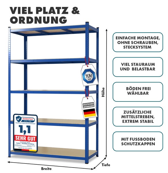 FLOORDIREKT Schwerlastregal Lakota - 2er Set - Universal einsetzbar - Blau - 200 x 120 x 60 cm - Traglast bis 875 kg