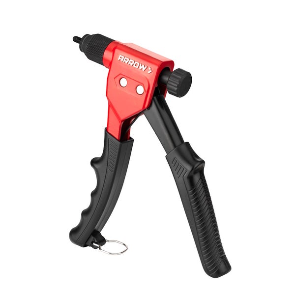 Rote Arrow Blindnietmutterzange mit schwarzen ergonomischen Griffen und Metallgehäuse.