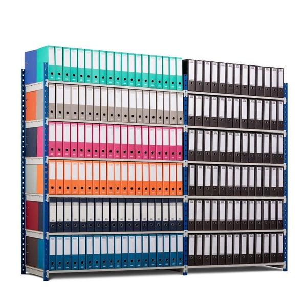 PROREGAL Aktenregal Maximus Doppelseitig HxBxT 200 x 100 x 60 cm 5 Ebenen Offener Fachboden Bis Zu 110 Dokumentenordnern Lichtblau & Lichtgrau