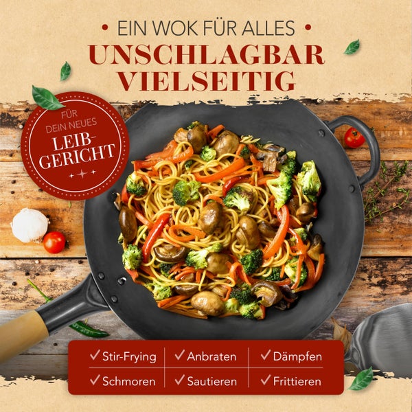 KRUSTENZAUBER 30cm Wokpfanne Induktion voreingebrannt - Traditionelle Stahlwokpfanne mit Wokwender u. Wokring - Wok Pfanne, Wok Induktion, Woklette, Wok Zubehör, Carbon Steel Wok Karbonstahl
