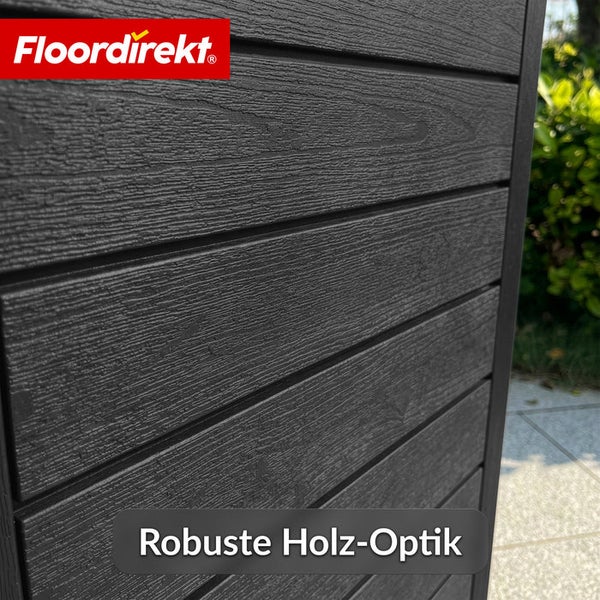 Floor direkt Logo. Ansicht einer schwarzen Pflanzkastenwand in Holzoptik.