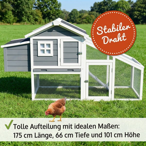 Hühnerstall aus Holz mit Freigehege aus stabilem Draht, 175 Zentimeter Länge, 66 Zentimeter Tiefe und 101 Zentimeter Höhe.