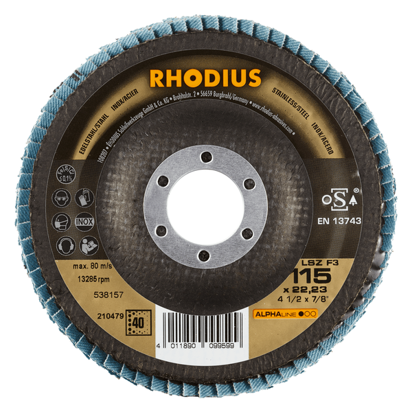 RHODIUS Fächerscheibe LSZ F3, 5 Stück, 115 x 22,23 mm, Korn 40, für Edelstahl, Stahl, Metall, ALPHAline