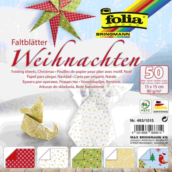 Folia Faltblätter WEIHNACHTEN 80g/m², 15x15cm, 50 Blatt, 5 Motive sortiert