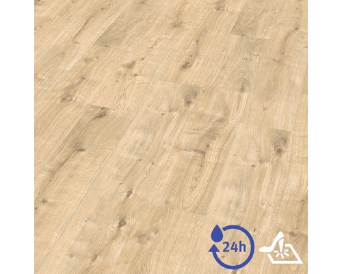 Laminatboden in Holzoptik mit Struktur und Astlöchern. Wasserresistent bis zu 24 Stunden und hohe Stoßfestigkeit.