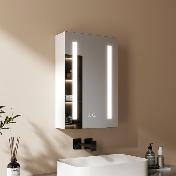 EMKE Badspiegelschrank mit LED Beleuchtung, 40x60x14,5 cm, beschlagfrei, Touchschalter, 3 Lichtfarben, Badspiegel mit Ablage, Spiegelschrank mit Steckdose und USB Anschlüsse