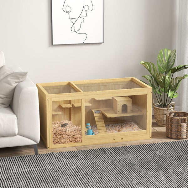 PawHut Hamsterkäfig aus Holz, 100 cm Kleintierstall, Kleintierkäfig Spielhaus für Gerbils Nagerkäfig mit Schaukeln, Leitern, zu öffnendes Dach, Hütte, Natur