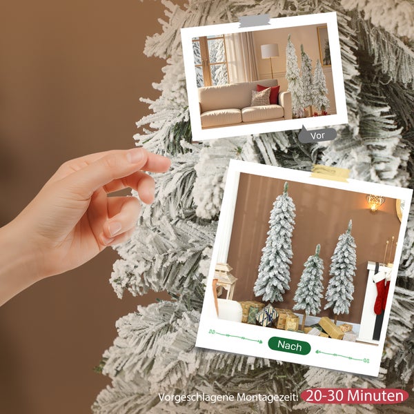 Hand an einem beschneiten künstlichen Weihnachtsbaum, Vorher-Nachher-Vergleichsfotos der Montage, Montagezeit circa 20 bis 30 Minuten.