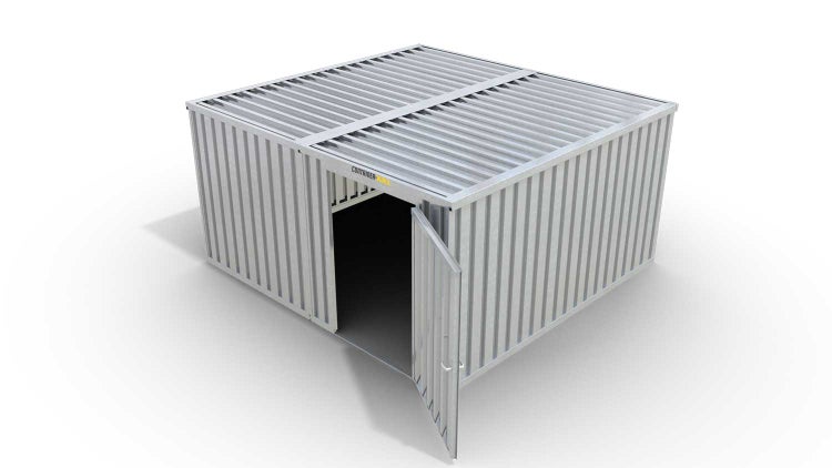 Lagercontainer Gerätehaus M2  – 12 qm, H2115 x B3050 x T4340 mm, verzinkt, ohne Fußboden, 1270 mm Einflügeltür mittig in Modul D, zerlegt