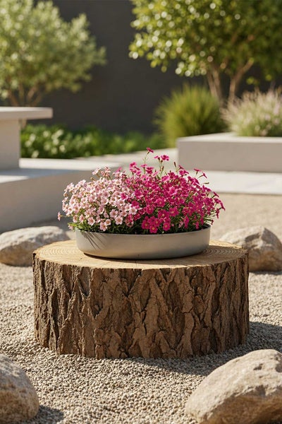 Flache Pflanzschale mit kleinen rosa Blüten auf einem Baumstamm in einem Kiesgarten mit großen Steinen.