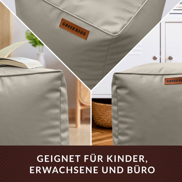 Detailansicht eines Poufs mit dem Green Bean Logo. Geeignet für Kinder, Erwachsene und das Büro.