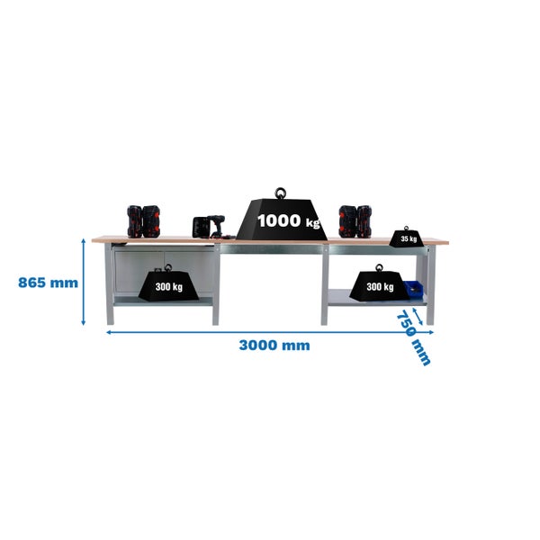 Werkbank BUFFALO WOOD mit 2x Schublade + Schrank| HxBxT 86,5x300x75cm | Traglast 1000kg | Grau