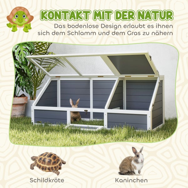 PawHut Schildkrötenhaus aus Holz, Schildkrötengehege mit zwei Haupthäusern, aufklappbarem Oberseite, Verschlüssel, Outdoor Reptilienkäfig für Kleintiere 120 x 55 x 50 cm, Hellgrau