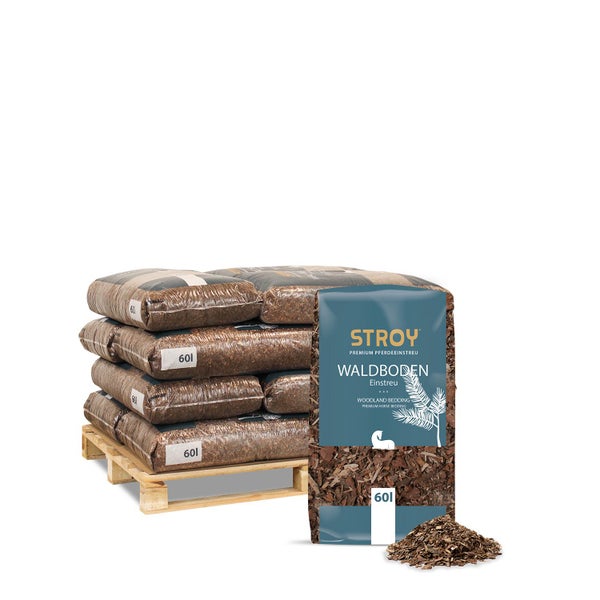 Stroy Waldboden Einstreu 60 Liter auf Palette mit losen Holzspänen.