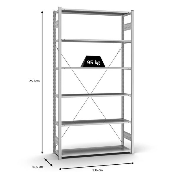 PROREGAL Profi Lagerregal Stecksystem T-Profil Grundregal HxBxT 250 x 130 x 40 cm Fachlast 95 kg Verzinkt