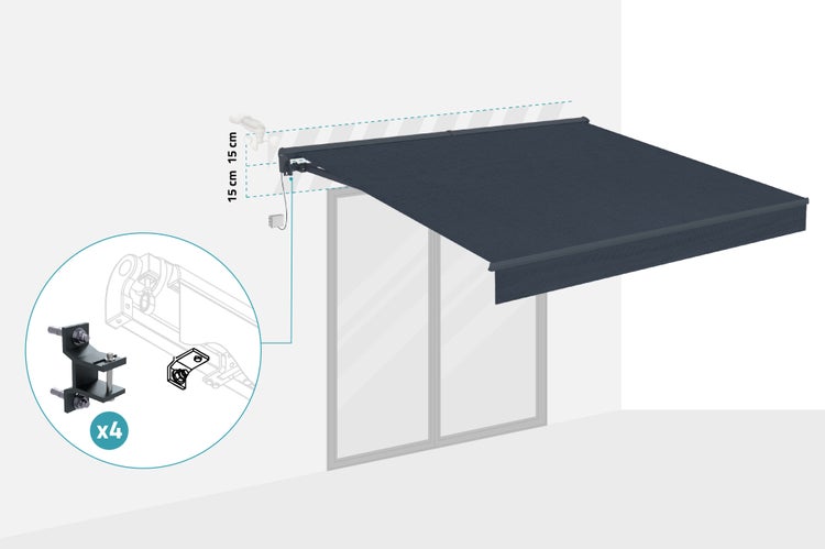 Ausgefahrene Gelenkarmmarkise mit Montagezubehör und Maßangaben