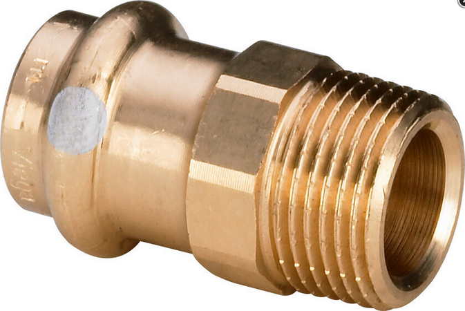 Übergangsstück aus Rotguss mit Pressanschluss und Außengewinde für Rohrleitungen.