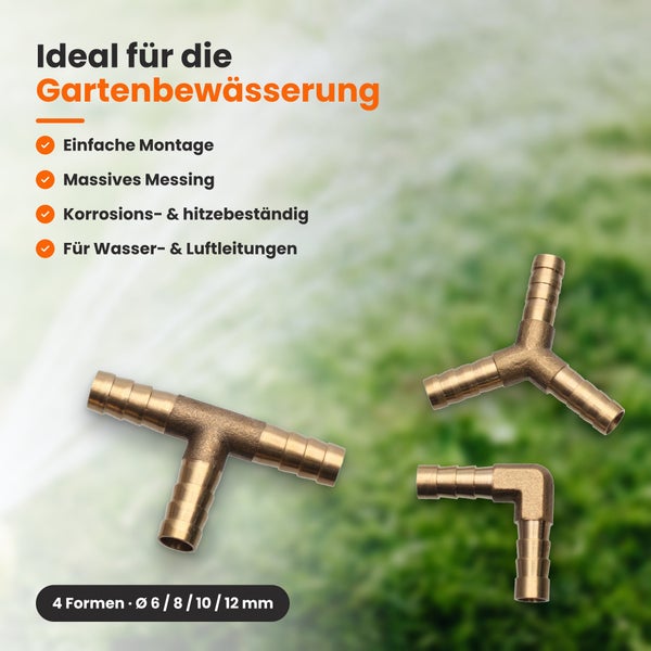 Set aus massiven Messing Schlauchverbindern in T Form, Y Form und Winkelform für Wasser und Luftleitungen in der Gartenbewässerung.