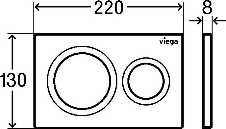 Technische Zeichnung einer Viega Betätigungsplatte mit den Maßen 220 Millimeter mal 130 Millimeter und einer Stärke von 8 Millimetern.