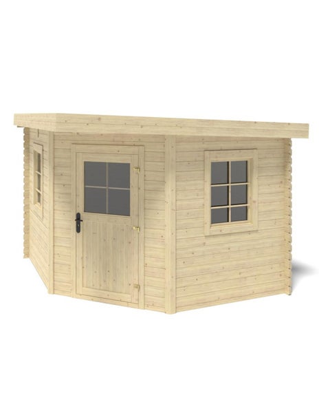 Eckgartenhaus aus Holz mit Pultdach, Einzeltür und Fenstern für den Garten