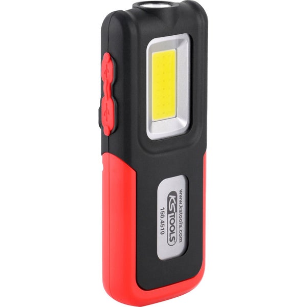 KS Tools LED-Arbeitsleuchte mit COB-LED, USB-Anschluss und rot-schwarzem Kunststoffgehäuse.