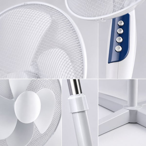 Detailansichten eines Standventilators mit Schutzgitter, Bedienknöpfen, Rotorblättern, höhenverstellbarer Teleskopstange und Kreuzfuß.