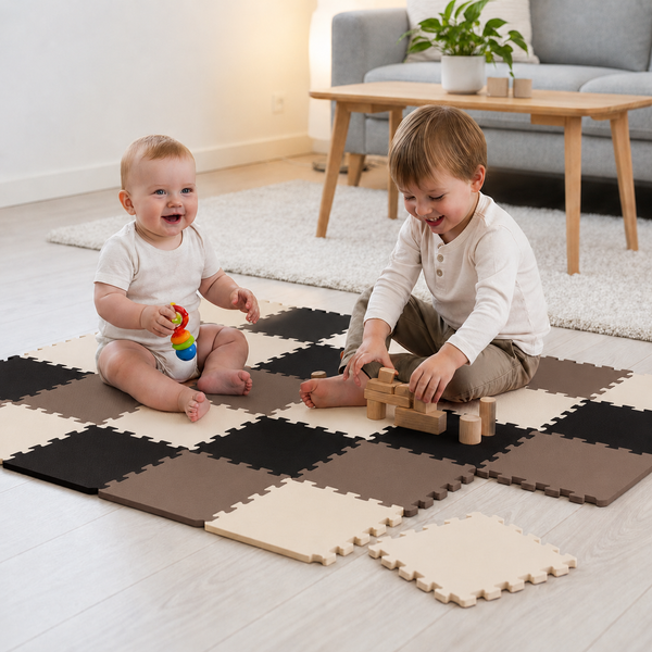 Zwei Kinder spielen auf einer modularen Schaumstoffmatte mit Puzzleoptik in einem Wohnzimmer.