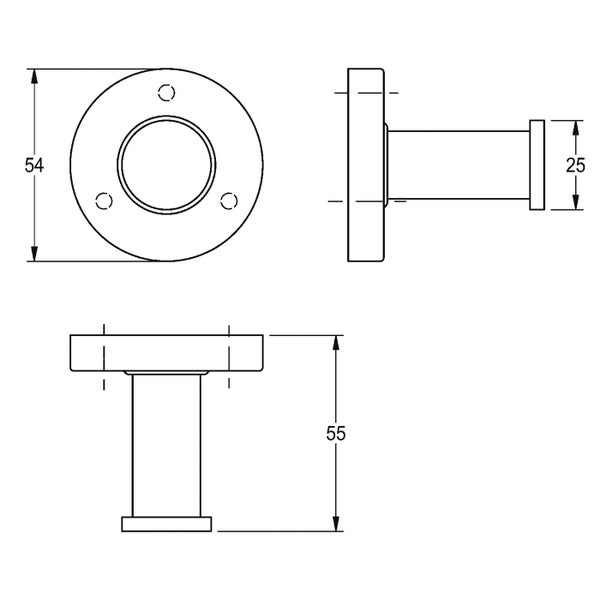 Technische Zeichnung mit Maßangaben für einen runden Wandhaken aus Metall mit drei Schraublöchern.