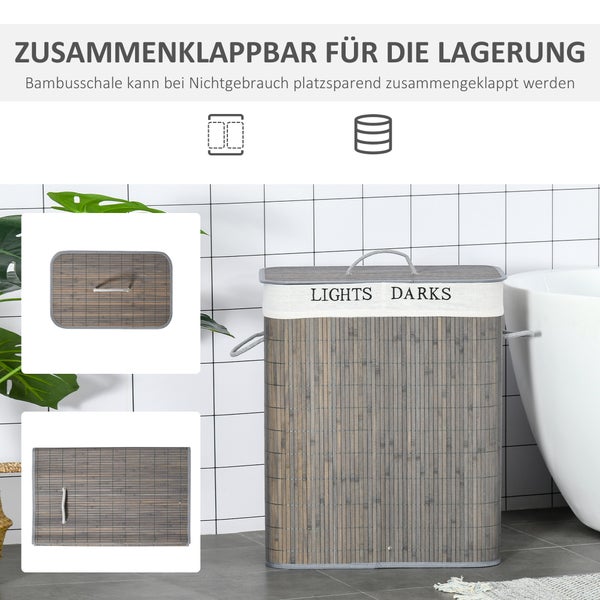 HOMCOM Bambus Wäschekorb schmal mit Deckel 100L Wäschesammler mit Griffen, 2 herausnehmbarer Wäschesack, Laundry Baskets Wäschebox für Waschküche, Schlafzimmer, Badezimmer Grau