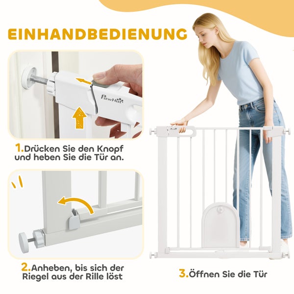 Anleitung zur Einhandbedienung eines weißen PawHut Schutzgitters in drei Schritten: Knopf drücken, anheben und Tür öffnen.
