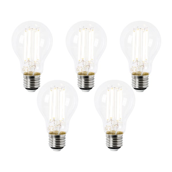 Fünferpack LED Filament Leuchtmittel E27 Sockel klares Glas Birnenform mit CE RoHS und UKCA Kennzeichnung