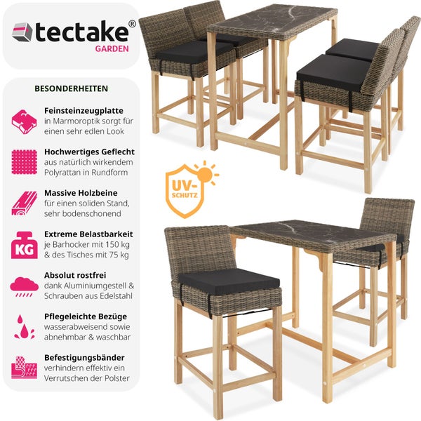 Rattan Tisch Kutina mit 4 Stühlen Latina tectake  Beine aus Holz mit Aluminiumgestellen natur