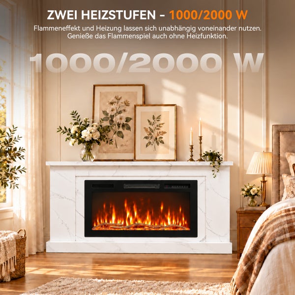 Elektrischer Kamin mit Marmoroptik Umrandung im Schlafzimmer, zwei Heizstufen 1000 oder 2000 Watt, zuschaltbarer Flammeneffekt ohne Heizfunktion.