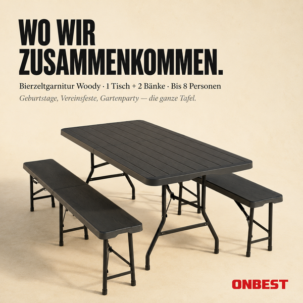 Bierzeltgarnitur Woody bestehend aus einem klappbaren Tisch und zwei klappbaren Bänken in dunkler Holzoptik für bis zu acht Personen. ONBEST Logo.