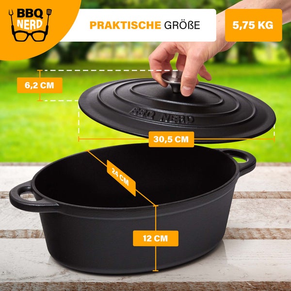 BBQ-Nerd Bräter (rund) mit Deckel 6,3 L aus Gusseisen mit Emaille-Beschichtung | Bratentopf Kochtopf Gusseisentopf - ideal zum langsamen Garen | Energieeffiziente, wärmespeichernde Cocotte
