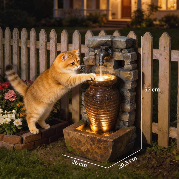 Beleuchteter Gartenbrunnen in Steinoptik mit Wasserhahn und Vase neben einer Katze, 57 Zentimeter hoch, 26 Zentimeter breit und 20,5 Zentimeter tief.