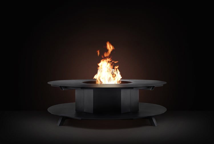 The Favilla Fuji Feuerschale Schwarz – Feuerstelle mit Holzfach & Abdeckhaube | 120x120x46 cm | Pulverbeschichtet, wetterfest & vormontiert | Gartenofen für Terrasse & Outdoor-Lounge
