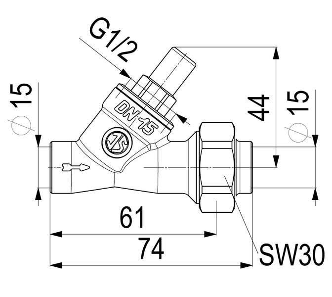 Technische Zeichnung eines Ventils mit Maßen: Nennweite 15, Anschluss G 1/2 Zoll, Gesamtlänge 74 Millimeter, Höhe 44 Millimeter und Schlüsselweite 30.