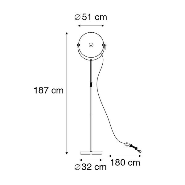Dimensionsskizze der Stehlampe mit den Massen 187 cm Höhe, 51 cm Durchmesser Lampenschirm, 32 cm Durchmesser Fuss und 180 cm Kabellänge