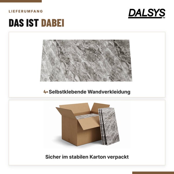Lieferumfang von vier selbstklebenden Wandverkleidungen mit Marmoroptik von Dalsys, sicher verpackt in einem stabilen Versandkarton.