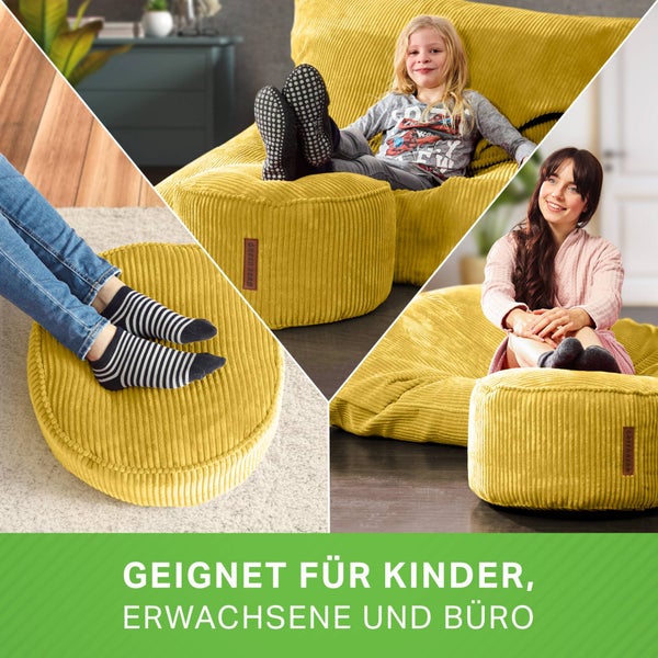 Green Bean Pouf-Kissen 45x25cm mit EPS-Perlen Füllung & Cordstoff Bodenkissen Liegekissen Sitzkissen Sitzhocker Sessel Kinder Erwachsene Stoff Hocker Ablage Gelb
