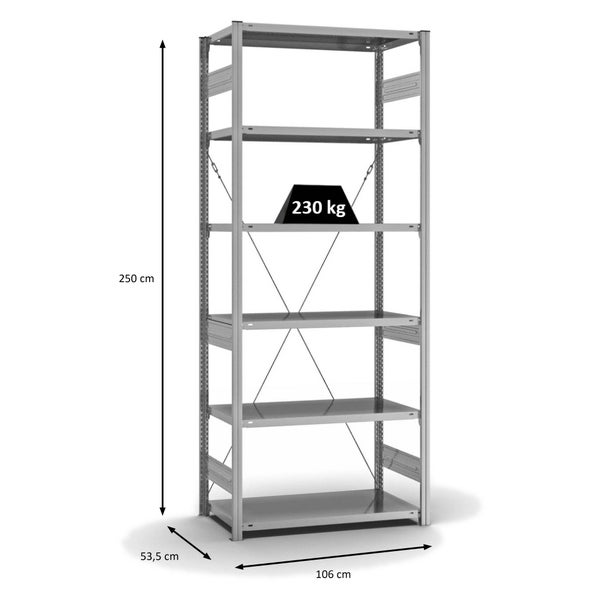 PROREGAL Fachbodenregal Stecksystem T-Profil Medium-Duty Grundregal HxBxT 250 x 100 x 50 cm 6 Ebenen Fachlast 230 kg Einseitig Nutzbar Verzinkt